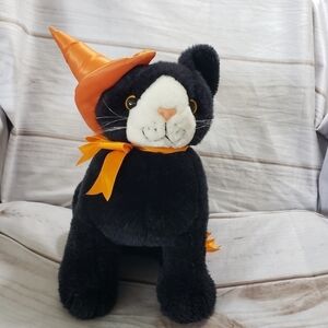 Vintage Carlton Cards Black White Witch Cat 11" Stuffed Animal Orange Satin Hat